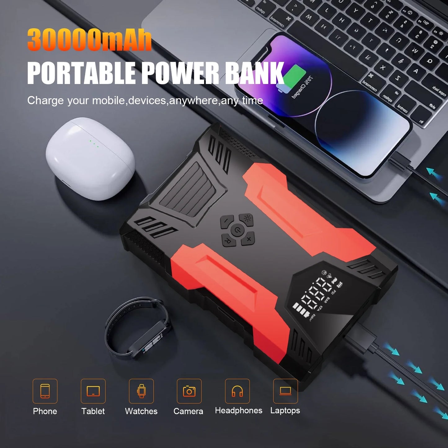 Car Jump Starter, 4000A Peak 30000Mah 150PSI Tire Inflator Digital Display LED Light