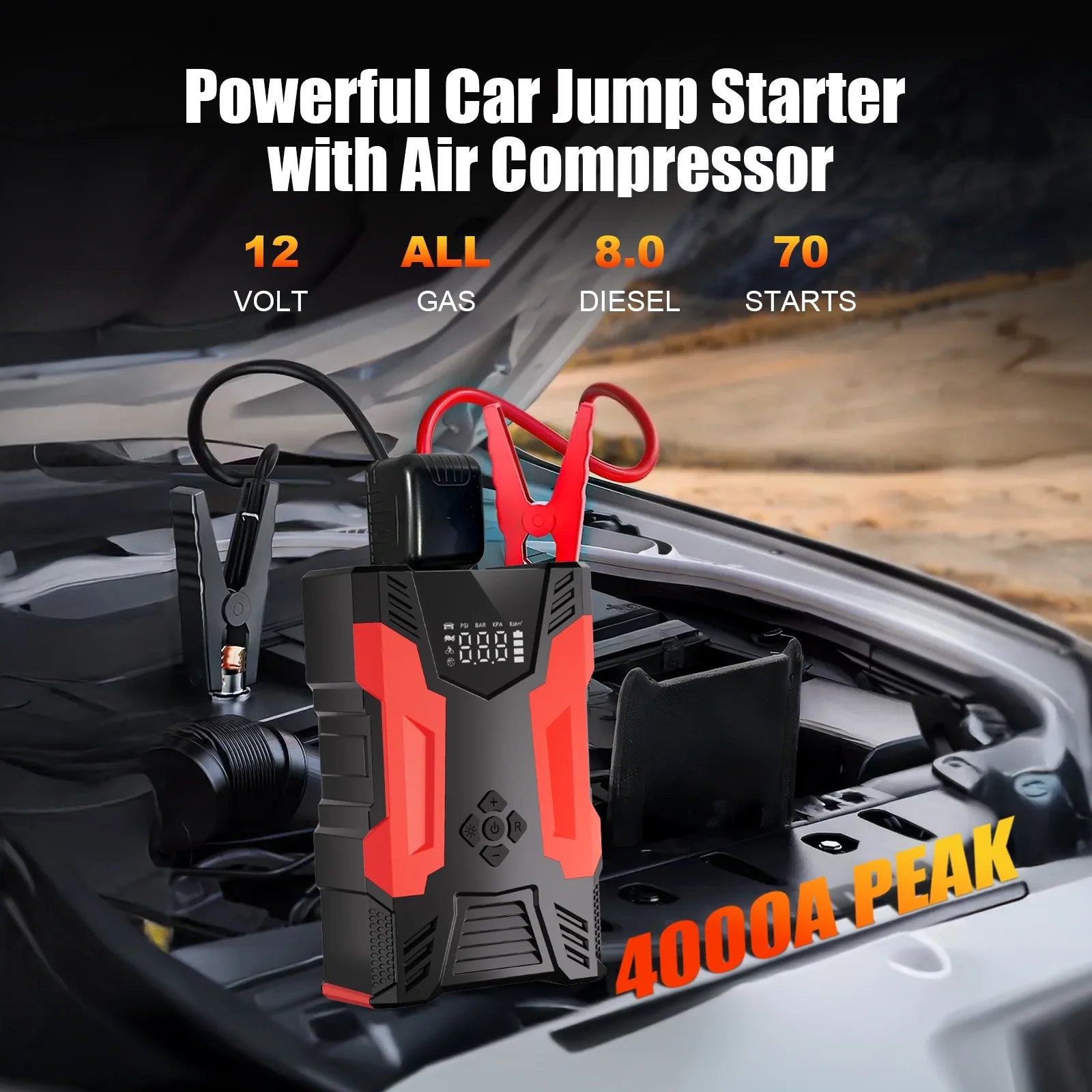 Car Jump Starter, 4000A Peak 30000Mah 150PSI Tire Inflator Digital Display LED Light